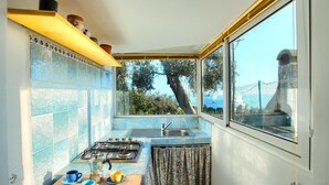 A compact kitchen with a gas stove, sink, and a window offering a view of trees and a fence. - Cottage with pool, A/C and wi fi (IMPERIA)