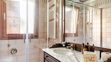 Shower, hair dryer, bidet, towels