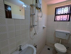 Shower, towels, soap, toilet paper
