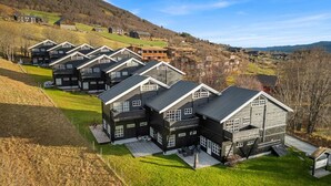 Une rangée de maisons modernes, toutes de style architectural uniforme, situées dans une zone vallonnée sous un ciel dégagé.