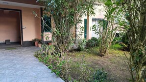 A paved entrance with potted plants and a small garden area with various shrubs and trees. - Ben House - House with 3 bedrooms (Unknown)