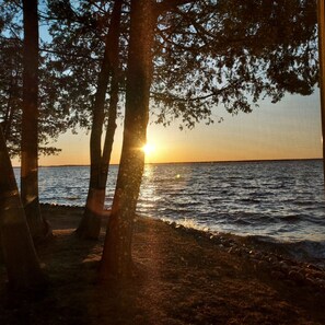 A beach scene with trees and the sun setting over the water. - Charming 2-bedroom house in Shawano with AC, WiFi (Shawano)