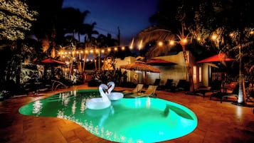 Outdoor pool, open 9:00 AM to 9:00 PM, pool umbrellas, pool loungers