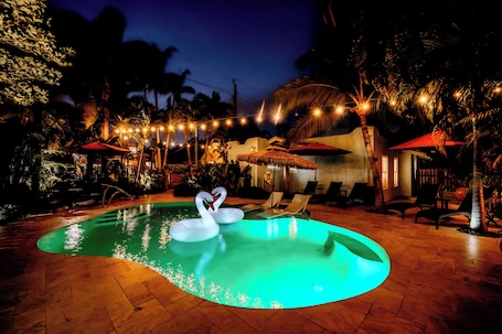 Outdoor pool, open 9:00 AM to 9:00 PM, pool umbrellas, sun loungers