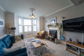 Televisión, chimenea, reproductor de DVD, libros