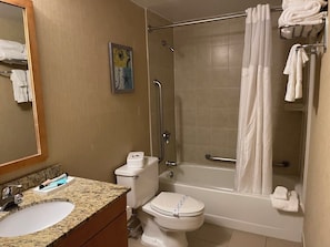 Hair dryer, towels, soap, toilet paper