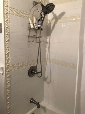 Hair dryer, towels, soap, toilet paper