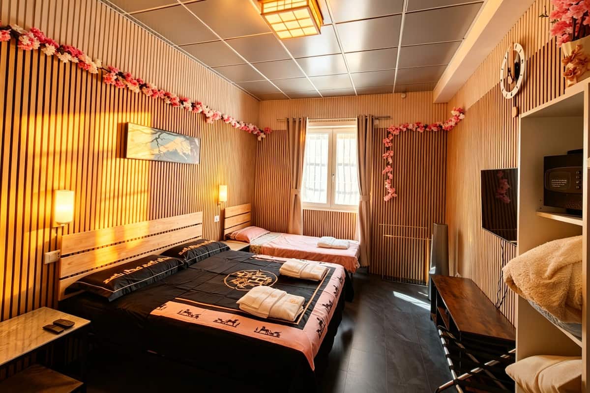 A hotel room with two beds, a TV, a desk, and a window with curtains.