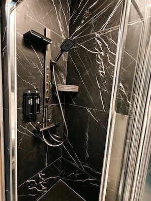 Shower, hair dryer, bidet, towels