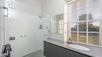 Shower, hair dryer, towels, soap