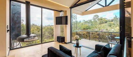 Televisión, chimenea y oficina