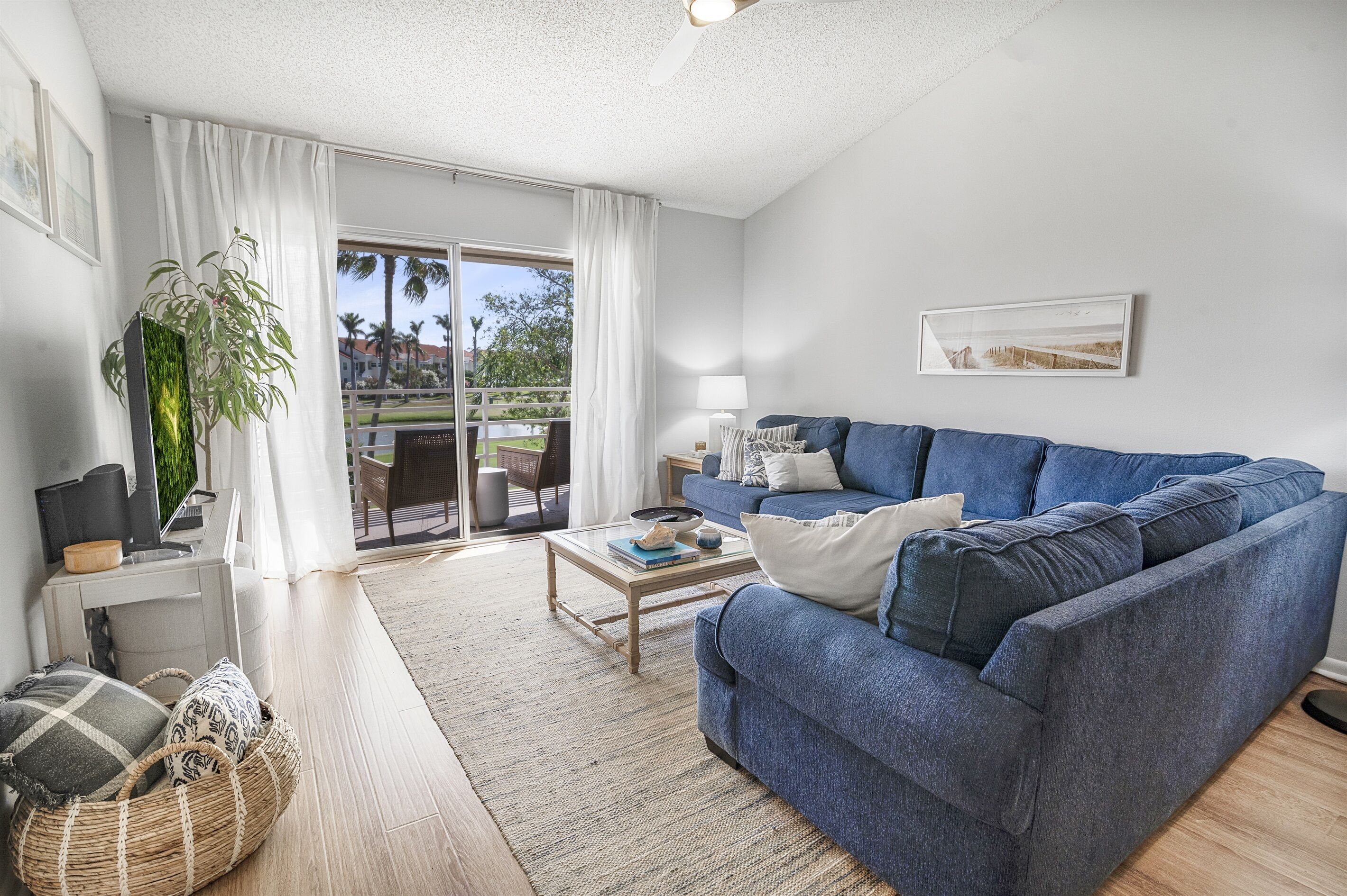 A modern living room with a blue sofa, a coffee table, a plant, and a view through a glass door to the outdoors.