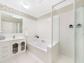 Shower, hair dryer, shampoo