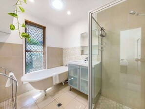 Shower, hair dryer, shampoo