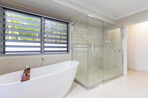 Shower, hair dryer, shampoo