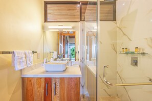 Shower, towels, soap, toilet paper