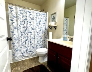 Hair dryer, towels, soap, toilet paper