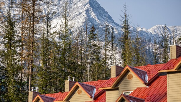 A row of cabins with red roofs, surrounded by tall evergreen trees and a snow-covered mountain in the background.