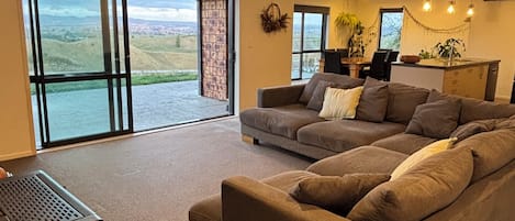 TV, fireplace, books