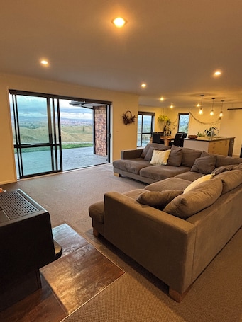 TV, fireplace, books. The Home on the Hill