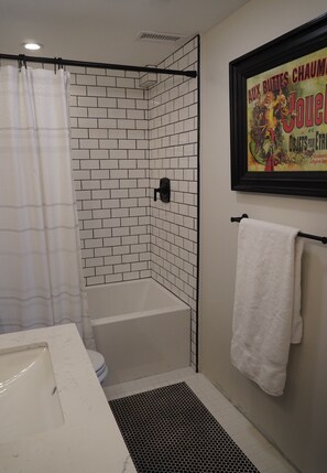 Chuveiro, secador de cabelo, toalhas de banho, sabonete