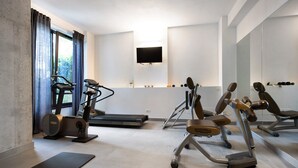 A modern gym with exercise equipment, a treadmill, a stationary bike, and a mirror. - Room 'Insula Felix Matr Lake View' with Shared Terrace, Wi-Fi and Air Conditioning (Moniga del Garda)