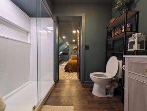 Shower, towels, soap, toilet paper