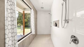 Shower, hair dryer, towels, shampoo