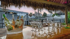 A bar area with a thatched roof, a bar counter, and a selection of wine bottles and glasses. - 🏖️ Coastal Luxury Retreat | Private Pool & Spa • Walk to Vanderbilt Beach • Naples Park Gem (Naples)