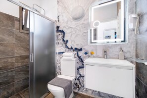 Shower, hair dryer, towels