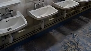Una fila de lavamanos con espejos en un baño público.