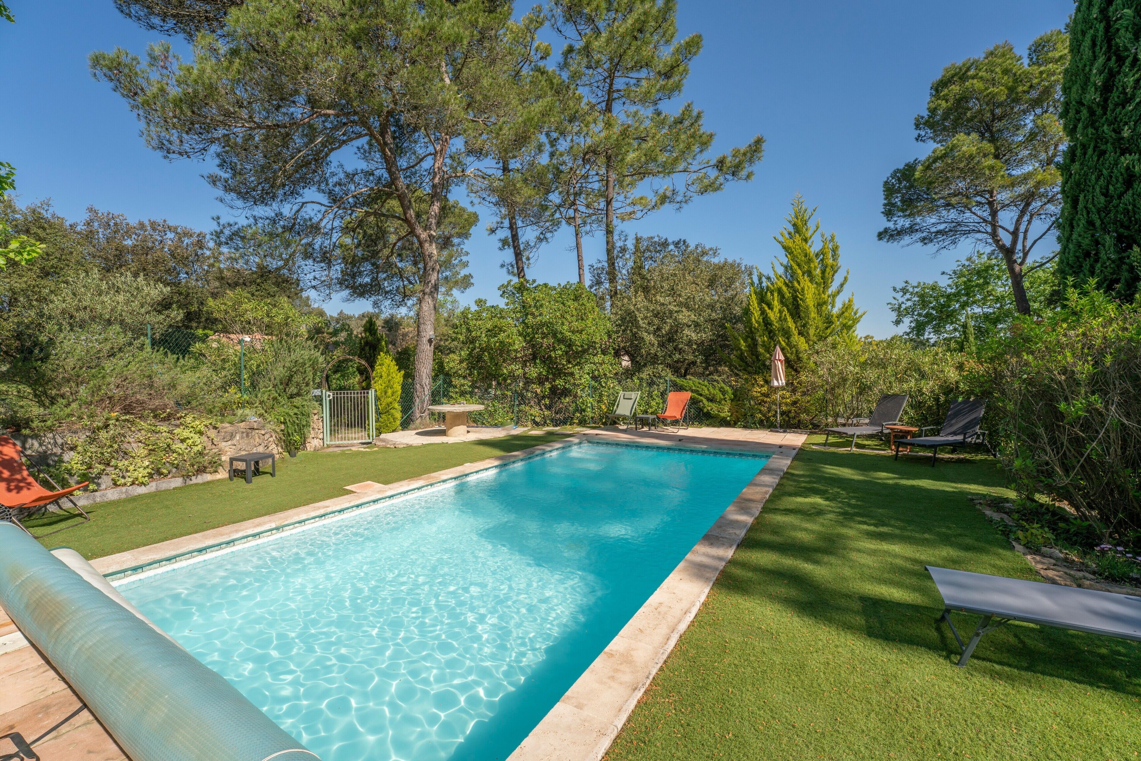 A rectangular swimming pool with a clear blue water surface, surrounded by a well-maintained lawn and various trees.