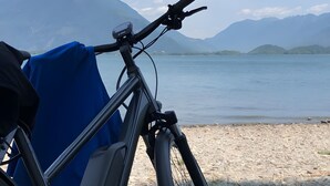 Una bicicleta estacionada en un césped cerca de un lago, con montañas al fondo.