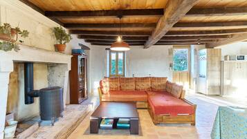 Cheminée, table de tennis de table, livres