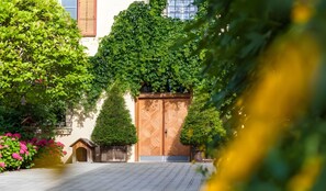 Une entrée fermée par un portail et une porte en bois, entourée d’une végétation luxuriante et d’une petite construction en bois.