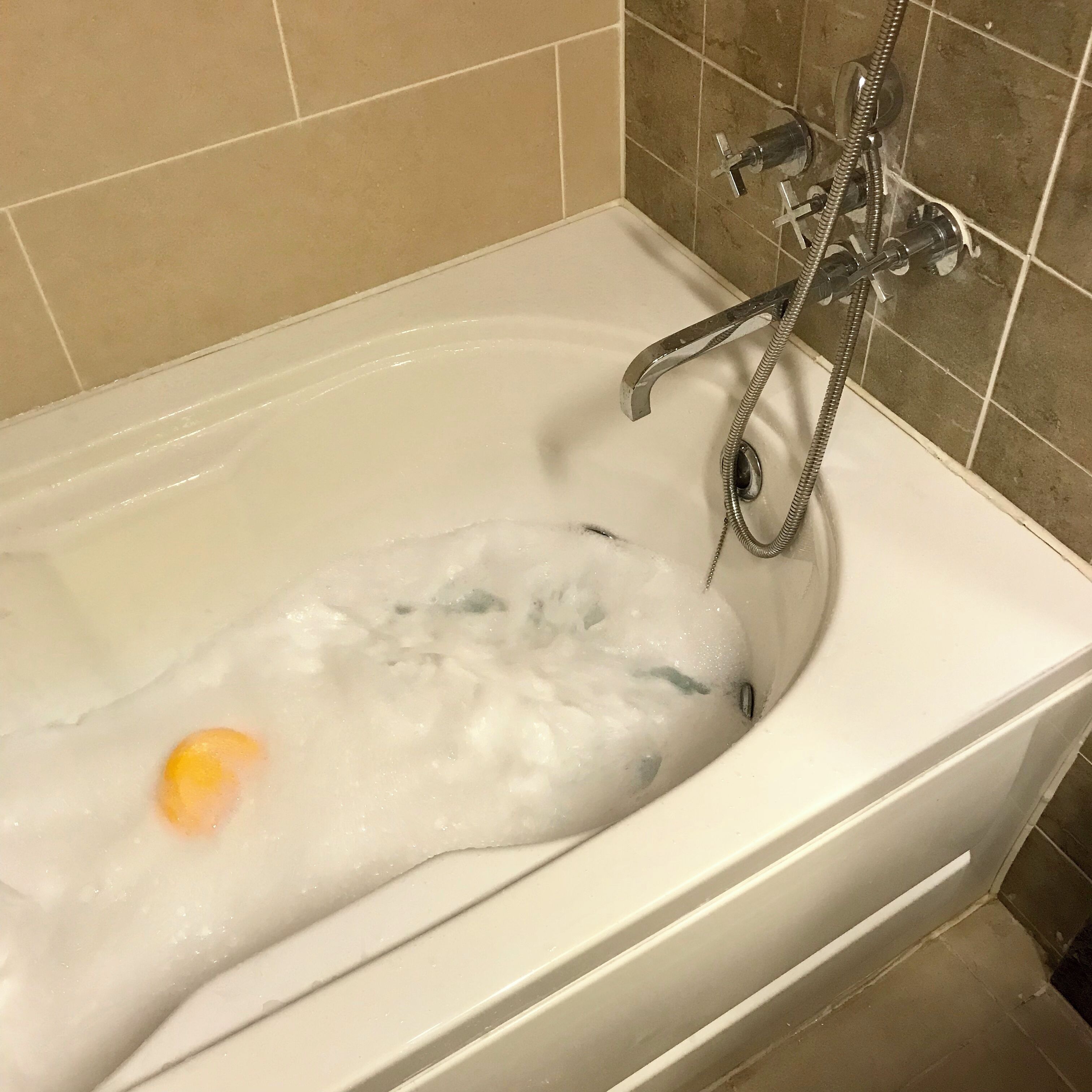 Une baignoire remplie d’eau et un œuf visible à l’intérieur.