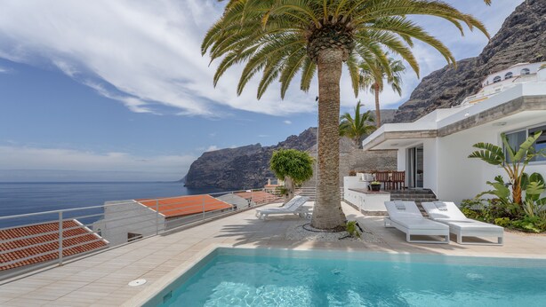Una piscina con sillas de descanso, una palmera y vista al mar.