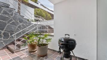 Eine Terrasse mit Steintreppe, einem Blumentopf und einem Grill.