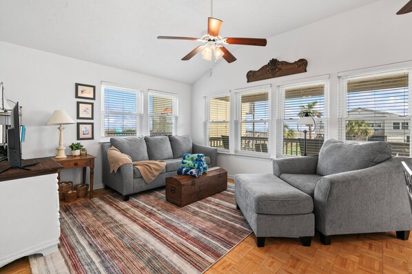 TV, DVD player, books, stereo