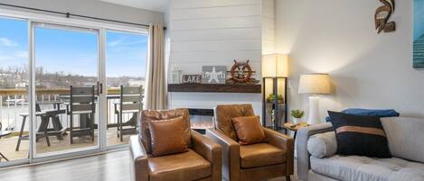 Smart TV, fireplace, books