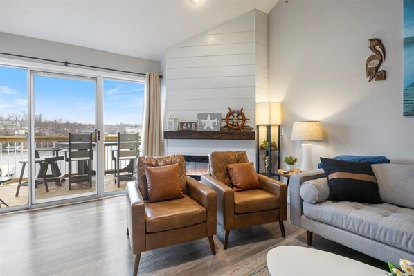 Smart TV, fireplace, books