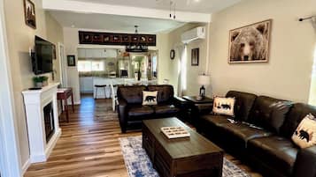 Smart TV, fireplace, books