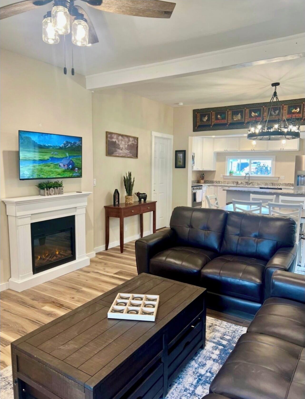 Smart TV, fireplace, books