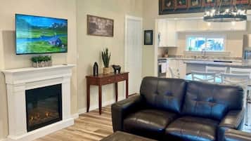 Smart TV, fireplace, books