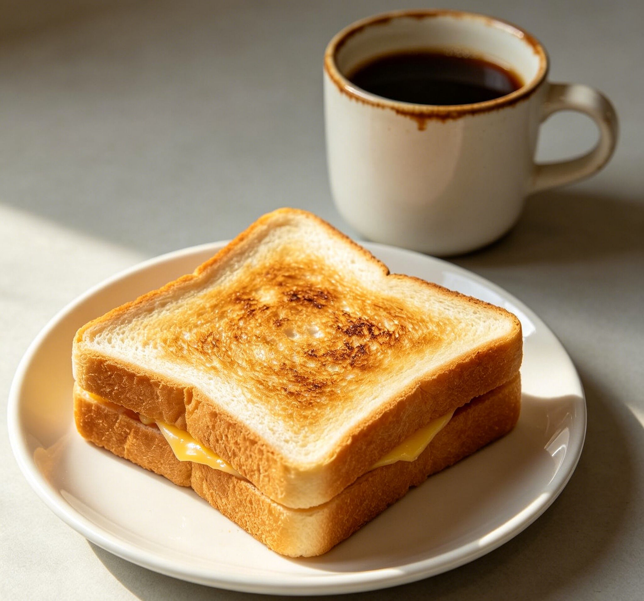 En ostesandwich på en tallerken med en kop kaffe i baggrunden.