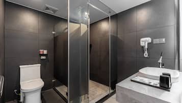 Hair dryer, slippers, shampoo, toilet paper
