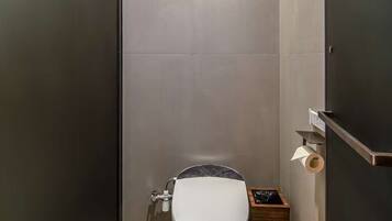Un bagno moderno e funzionale con il water, un cestino e un porta carta igienica a parete.