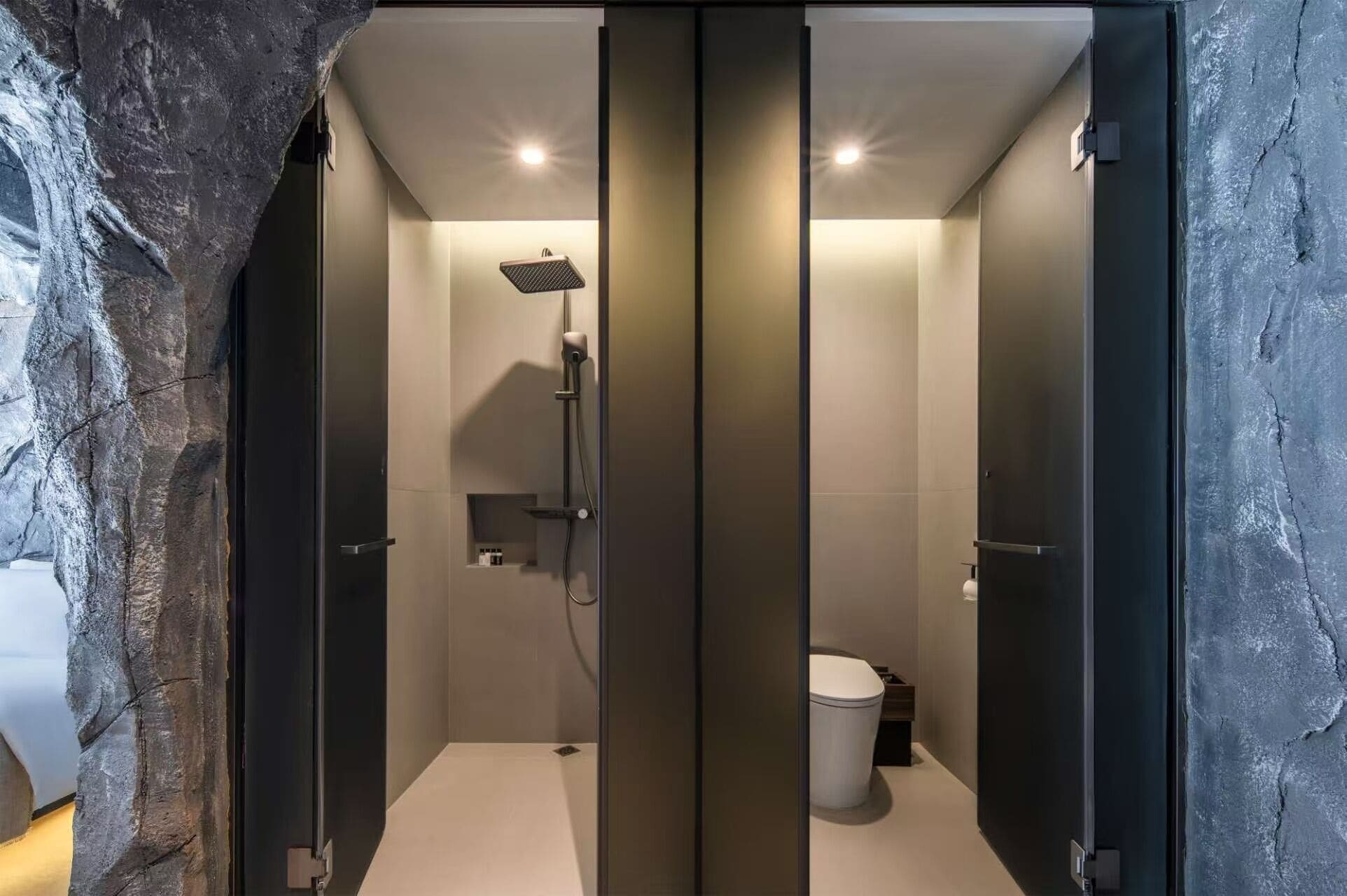 A modern bathroom with a glass shower enclosure, a toilet, and a sink.