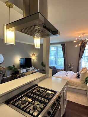 Fridge, microwave, stovetop, electric kettle