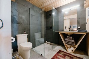 Shower, hair dryer, towels, soap